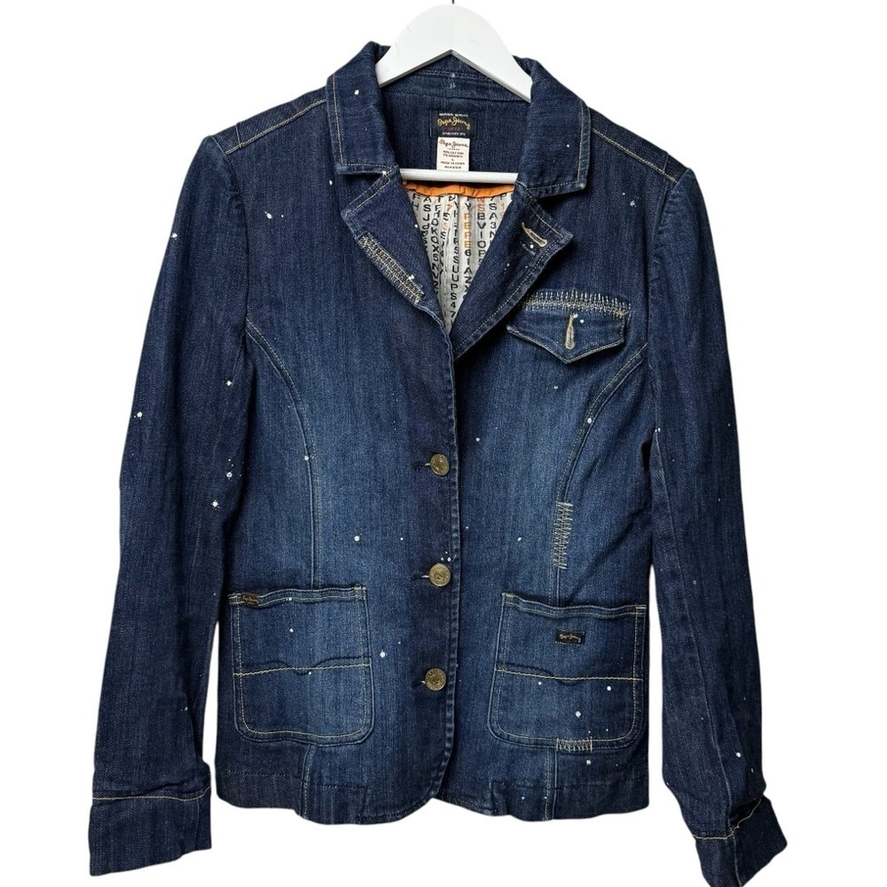 Pepe Jeans Jacket Women M/L London Blazer Denim Blue Lined 3 Button Notch Collar
